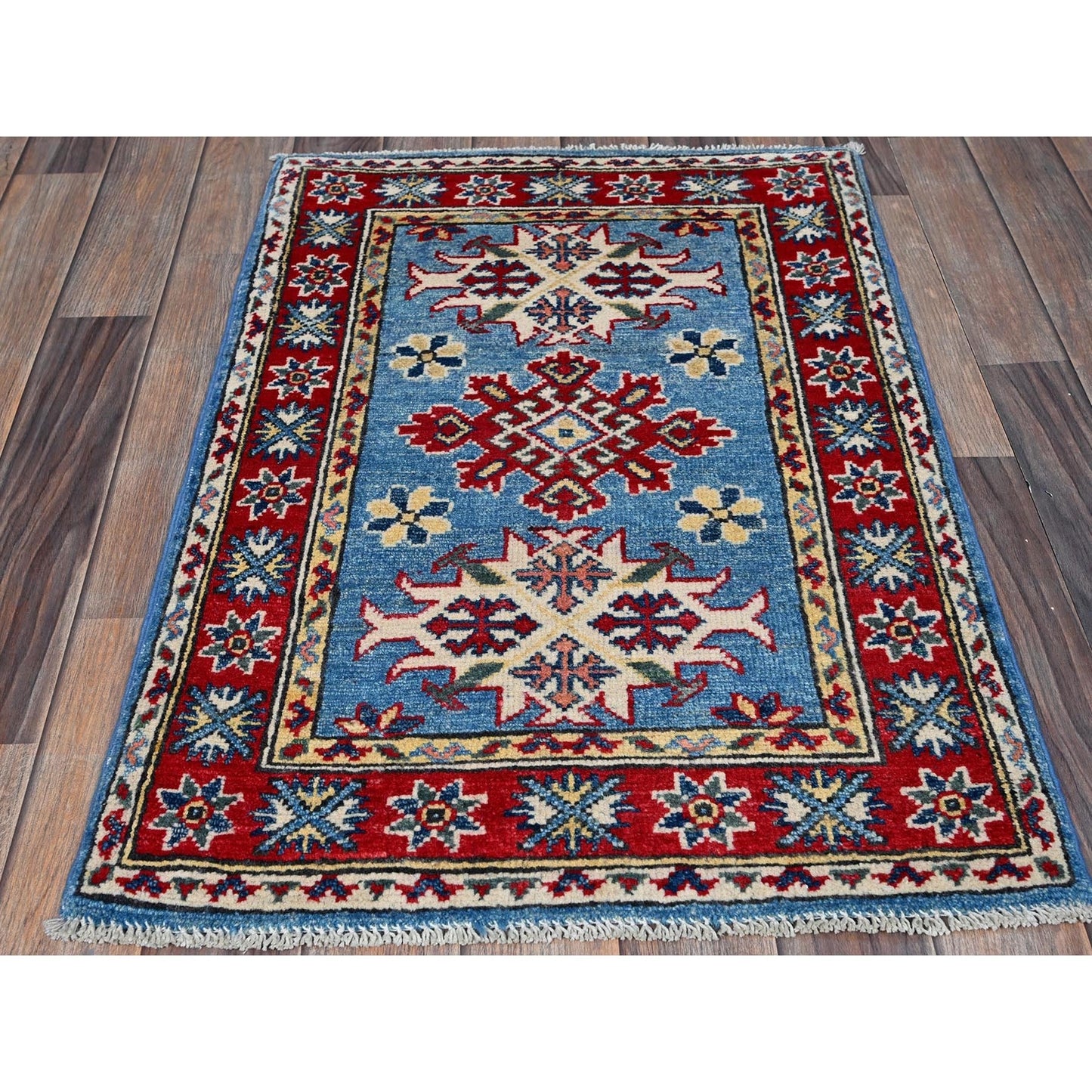 2'1"X3' Blue Kazak Tribal Medallions Design Hand Knotted Soft Wool Mat Rug