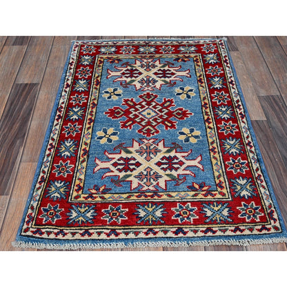 2'1"X3' Blue Kazak Tribal Medallions Design Hand Knotted Soft Wool Mat Rug