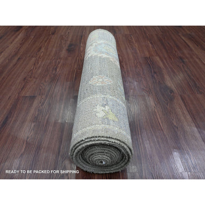 3'X19'10" Green Hand Knotted Angora Oushak Leaf Design Wool Runner Rug