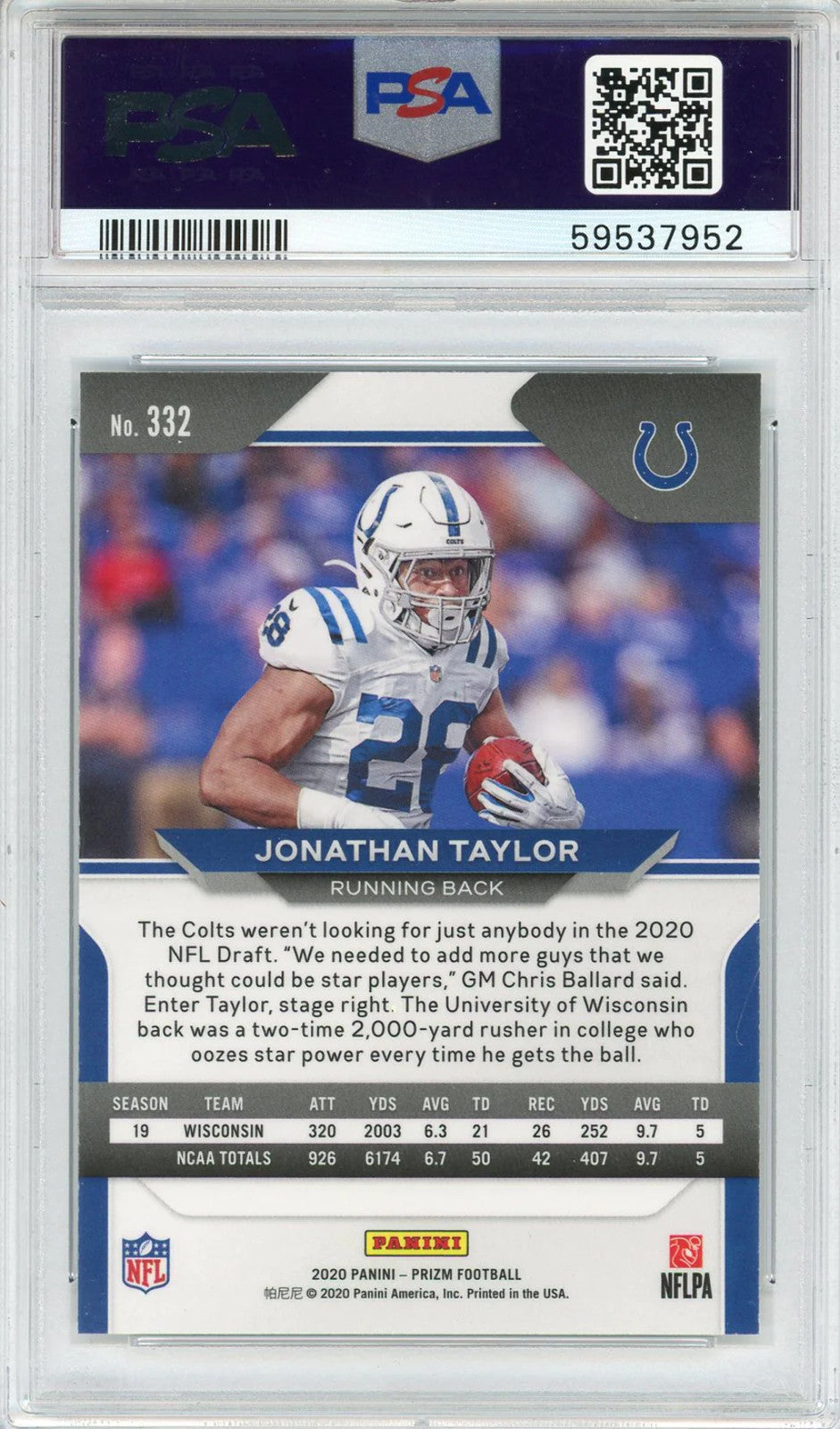 Jonathan Taylor 2020 Panini Prizm Rookie Card #332 (Psa)