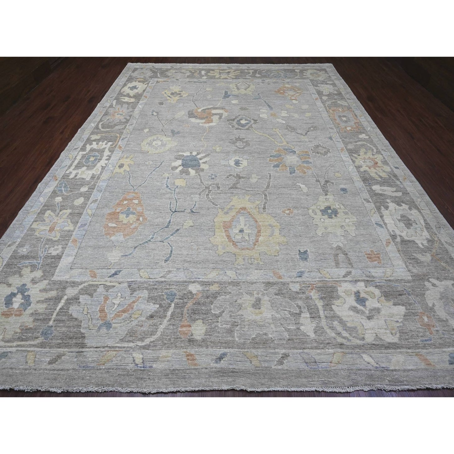 10'X13'8" Medium Gray Hand Knotted Angora Oushak Pure Wool Oriental Rug