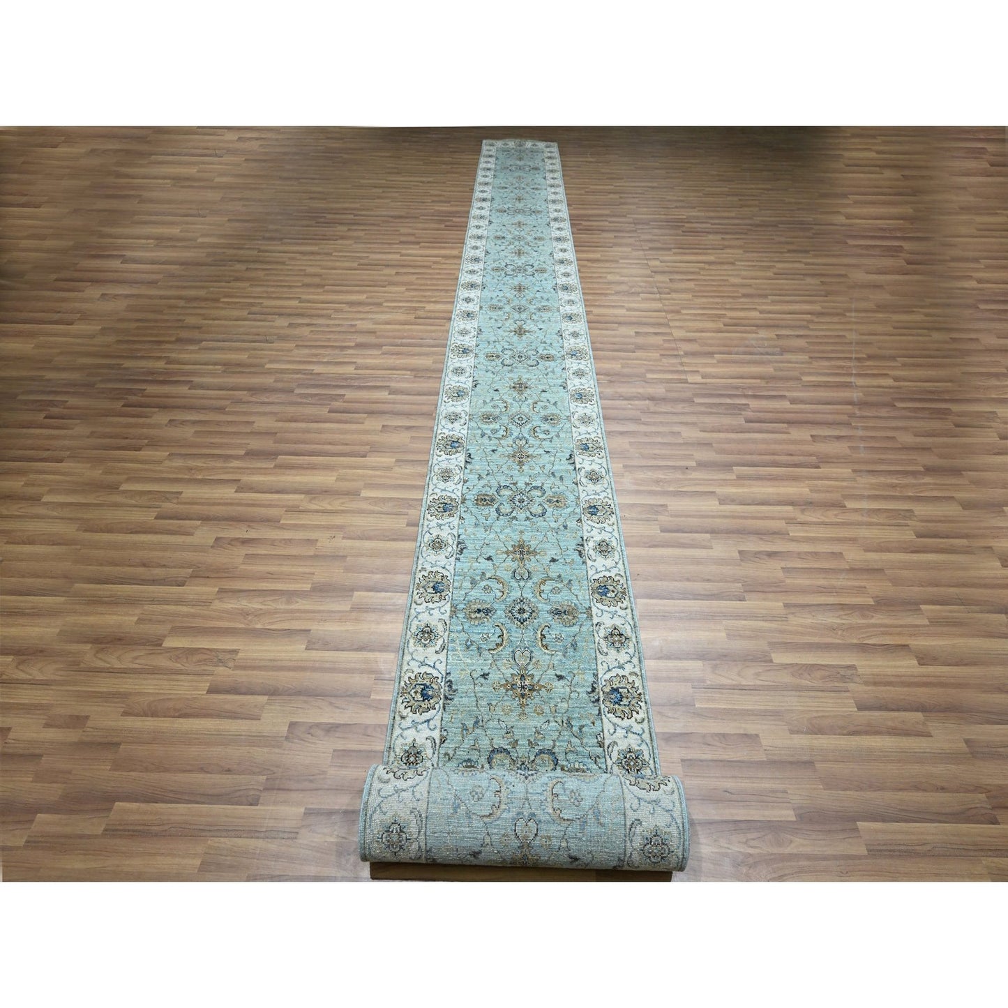 2'6"X25'7" Crystal Blue Pure Wool Vines Design Hand Knotted Xl Runner Rug