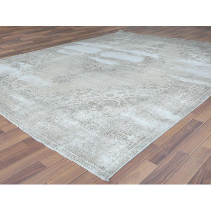 9'8"X12'6" Wool Farsian Tebraz Vintage Clean Worn Ivory Hand Knotted Rug