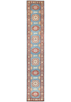 Tribal Geometric Kazak Runner Rug Blue Farmho