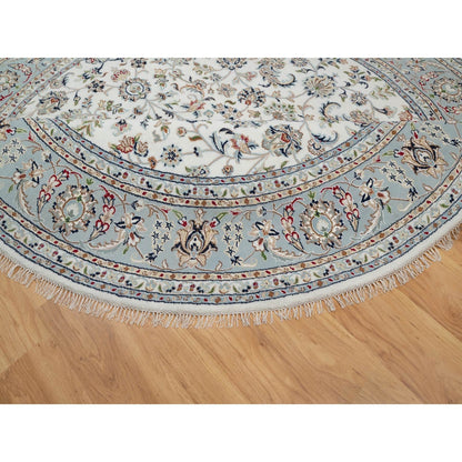 8'X8' Pearl White, 250 Kpsi, Nain, Wool And Silk, Hand Knotted, Round Rug
