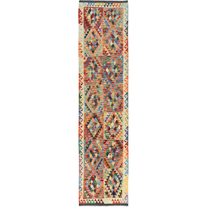 2'10"X12'8" Colorful Flat Weave Afghan Kilim Hand Woven Wool Runner Rug