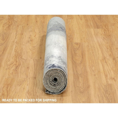 4'3"X10' Gray With Charcoal Black Hand Knotted Abstract Wool-Silk Rug