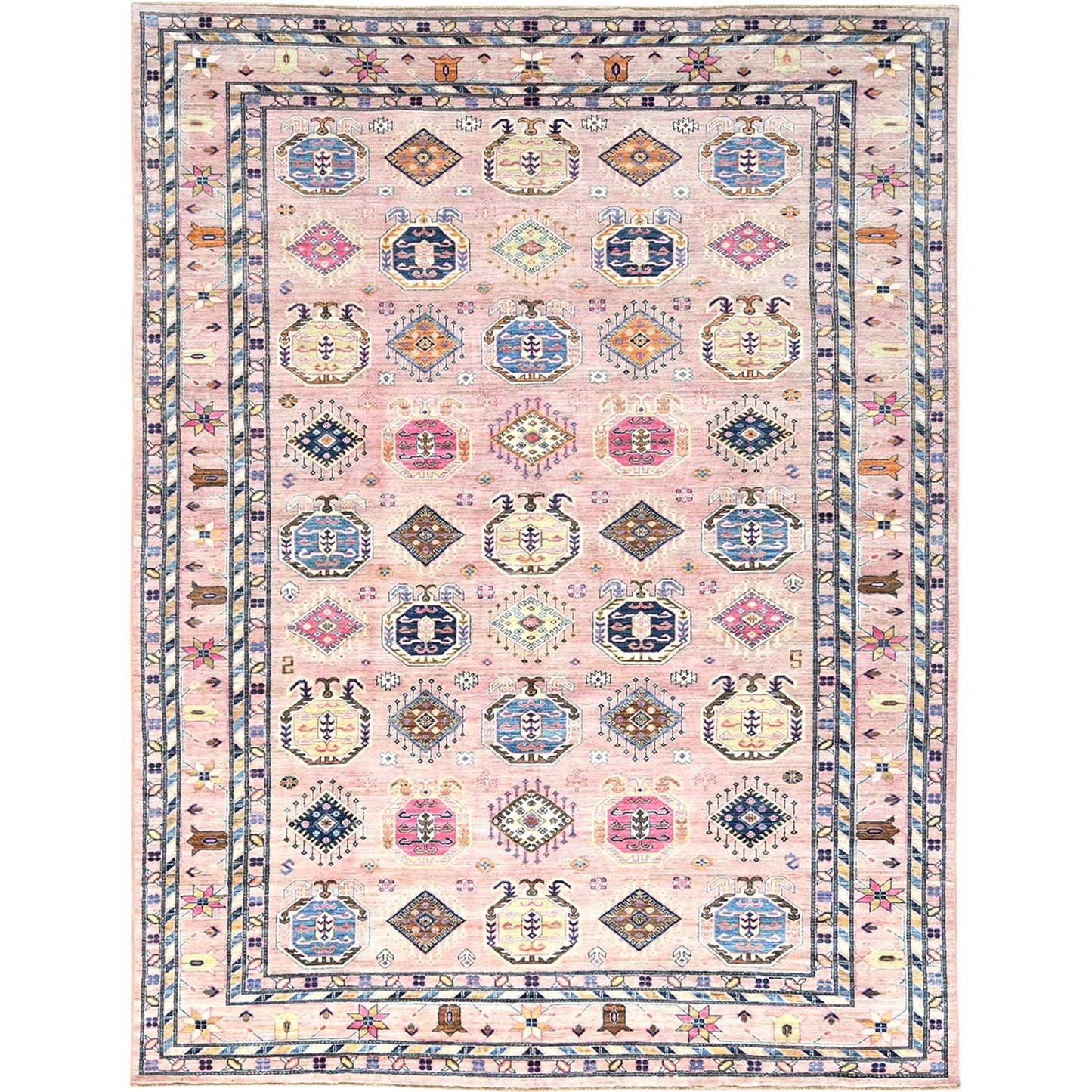 8'10"x12' Blush Pink Organic Wool Hand Knotted Afghan Super Kazak Rug