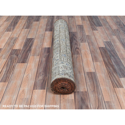 Green Worn Wool Hand Knotted Vintage Farsian Amadan Wide Runner Rug