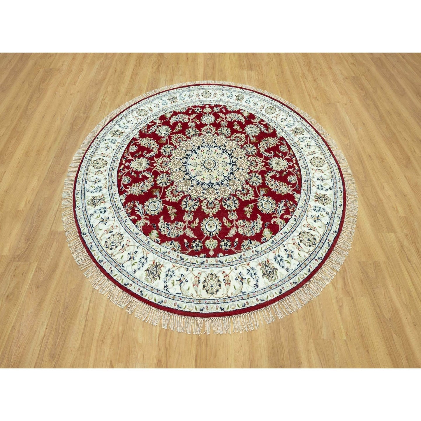 7'X7' Portia Red Hand Knotted Nain 250 Kpsi All Wool Oriental Round Rug
