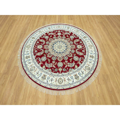 7'X7' Portia Red Hand Knotted Nain 250 Kpsi All Wool Oriental Round Rug