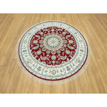 7'X7' Portia Red Hand Knotted Nain 250 Kpsi All Wool Oriental Round Rug