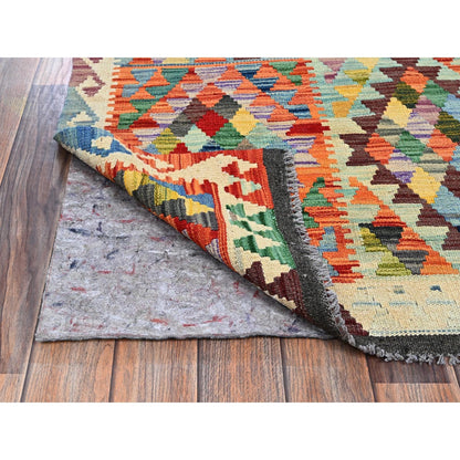 2'10"X12'8" Colorful Flat Weave Afghan Kilim Hand Woven Wool Runner Rug