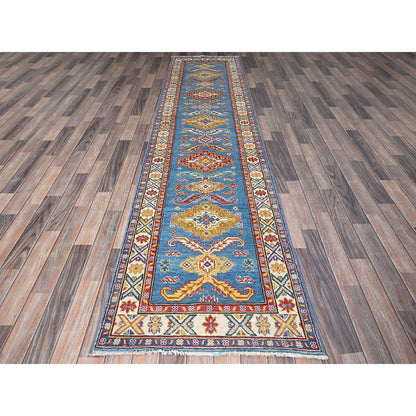 2'9"X11'2" Blue Kazak Hand Knotted Soft Wool Runner Oriental Rug