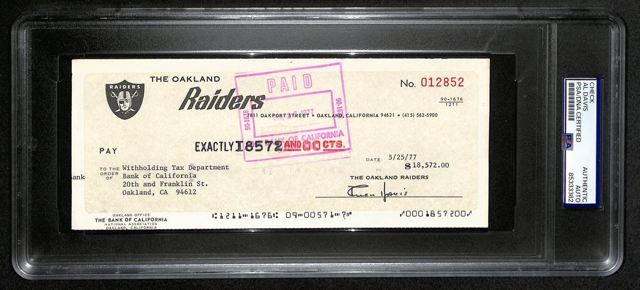 Al Davis Hof Signed/Autographed 8.5X3.5 Bank Check Raiders Psa/Dna 193225