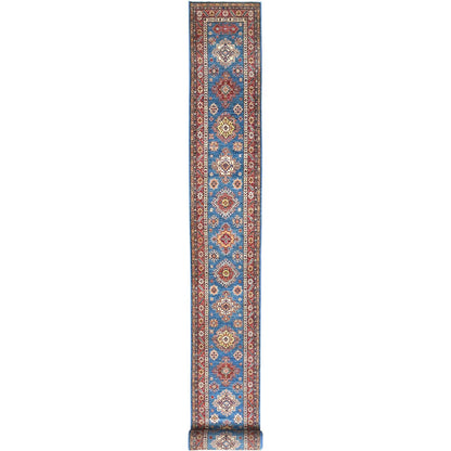 2'8"X34' Denim Blue Wool Hand Knotted Afghan Super Kazak Xl Runner Rug