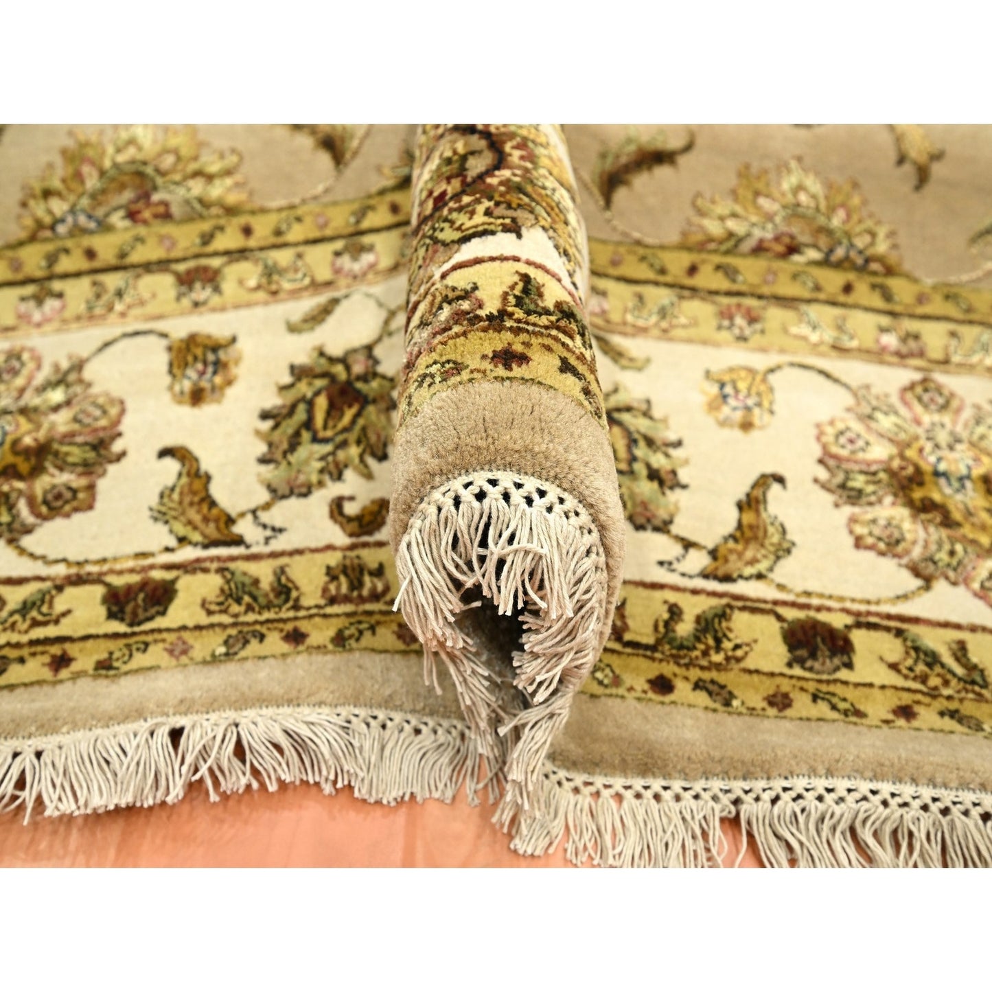 7'8"X9'10" Brown Rajasthan Leaf Design Hand Knotted Wool And Silk Rug