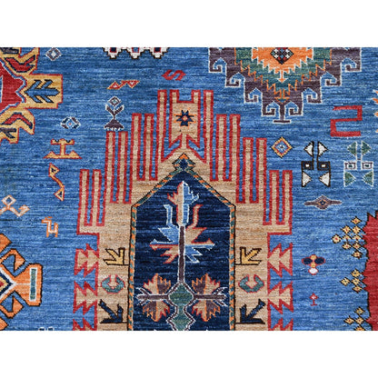 8'1"X9'10" Blue Afghan Caucasian Design Revival Hand Knotted Soft Wool Rug