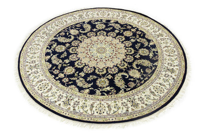 7X7 Ft Round Indo-Nain Oriental Rug Handmade Dark