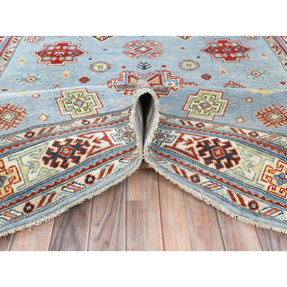 6'1"X8'9" Blue Special Kazak With Geometric Design Wool Hand Knotted Rug