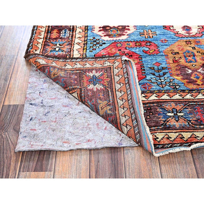 4'5"X5'10" Blue Afghan Caucasian Design Revival Hand Knotted Soft Wool Rug