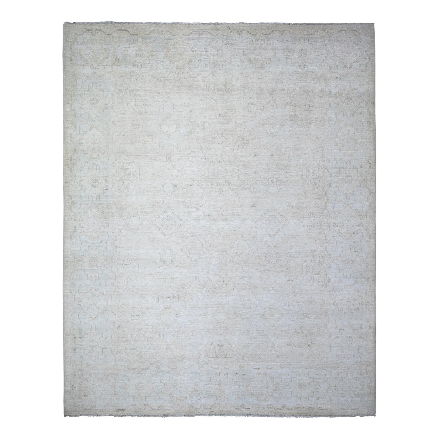 8'X9'8" Cream Hand Knotted White Wash Peshawar Extra Soft Wool Rug