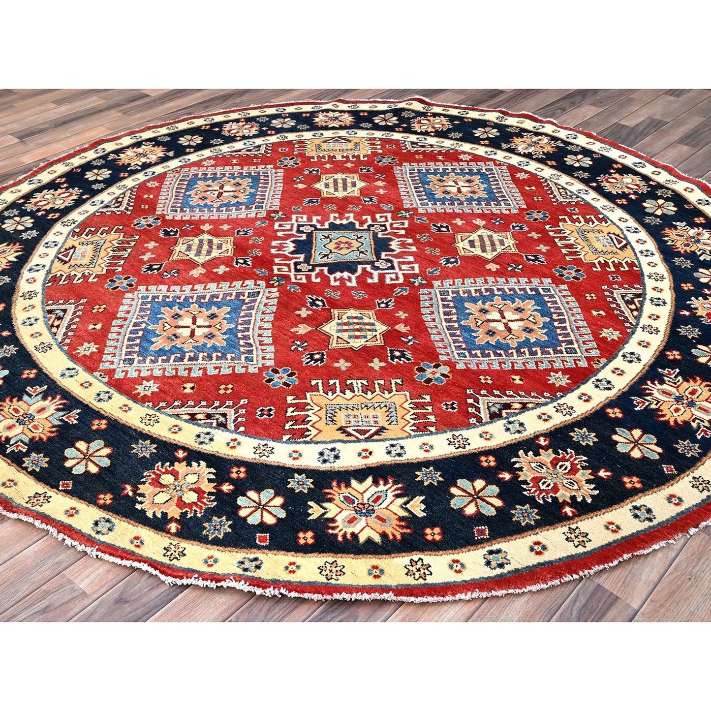 8'X8' Red Hand Knotted Densely Woven Wool Special Kazak Round Rug