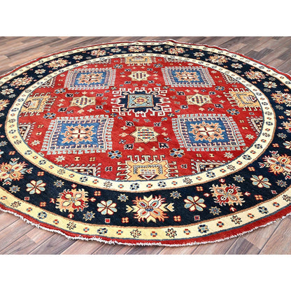 8'X8' Red Hand Knotted Densely Woven Wool Special Kazak Round Rug