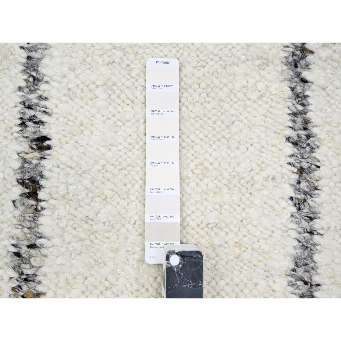 10'X14' White Moroccan Weave Line Design Textured Wool Hand Knotted Rug