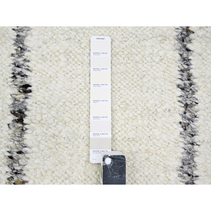 10'X14' White Moroccan Weave Line Design Textured Wool Hand Knotted Rug