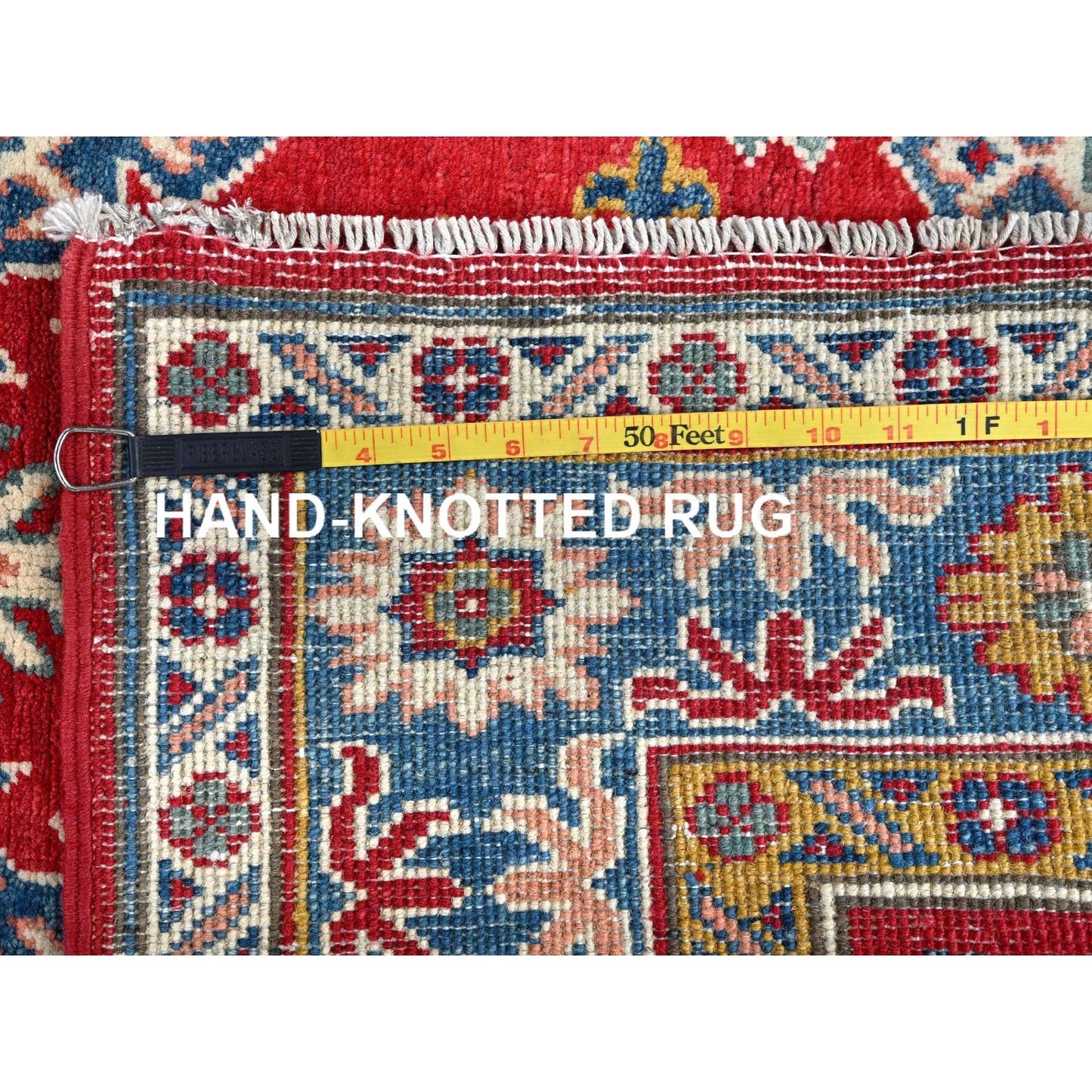 3'8"X4'10" Crimson Red Kazak With Tribal Motifs Hand Knotted Soft Wool Rug