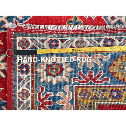3'8"X4'10" Crimson Red Kazak With Tribal Motifs Hand Knotted Soft Wool Rug