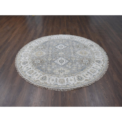 7'X7' Gray And Ivory Hand Knotted Karjihooz Design Soft Wool Round Rug