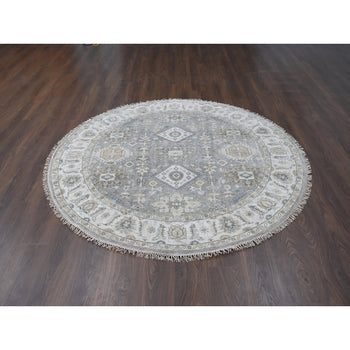 7'X7' Gray And Ivory Hand Knotted Karjihooz Design Soft Wool Round Rug