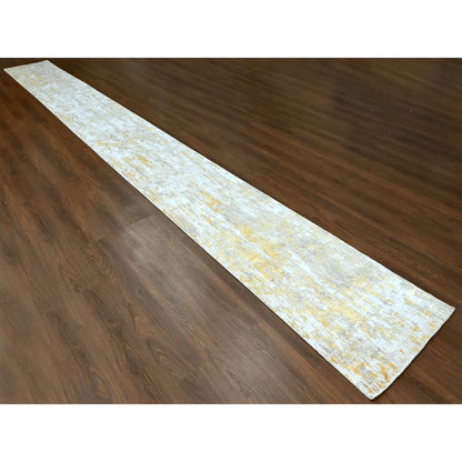 2'7'X23'6" Beige Abstract Design Wool And Silk Hand Knotted Xl Runner Rug
