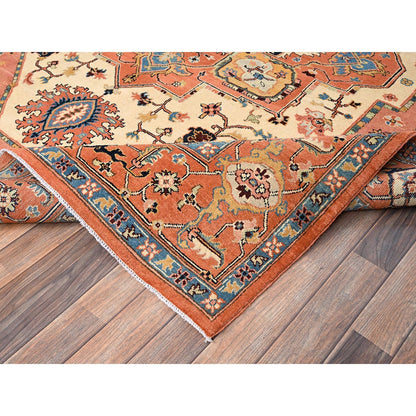 8'X9'7" Orange Afghan Peshawar Seeripe Heris Design Hand Knotted Wool Rug