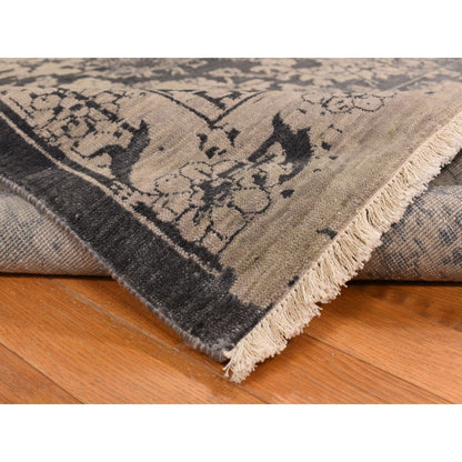 9'1"X12' Tan Color Erased Zoroastrian Design Wool & Silk Hand Knotted Rug