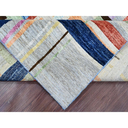 7'10"X9'9" Gray Criss Cross Colorful Line Design Hand Knotted Wool Rug