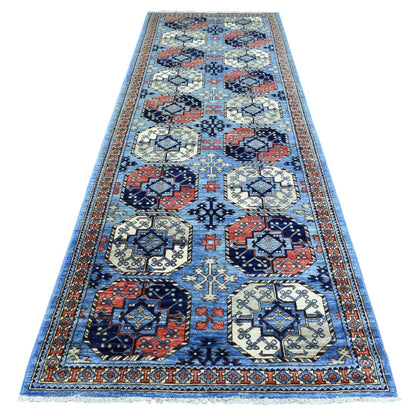 4'X11'8" Blue Pure Wool Hand Knotted Afghan Ersari Wide Runner Rug