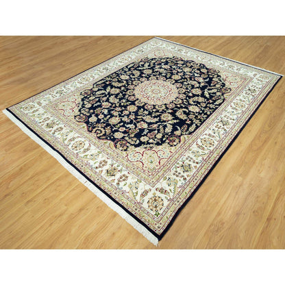 7'9"X9'9" Dark Night Blue Nain Floral Design 250 Kpsi Hand Knotted Rug