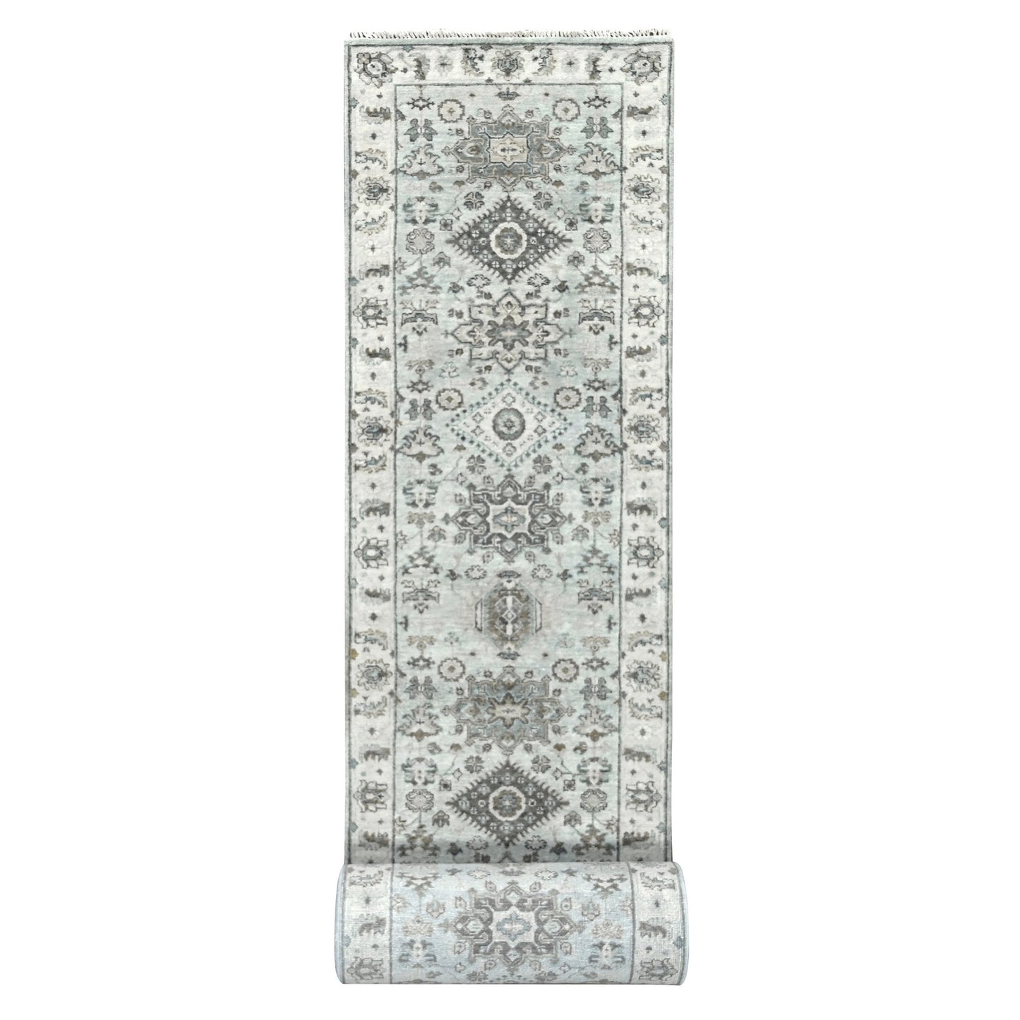 2'7"X25'10" Cloud Gray Hand Knotted Karjihooz Design Wool Xl Runner Rug