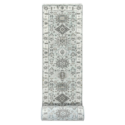 2'7"X25'10" Cloud Gray Hand Knotted Karjihooz Design Wool Xl Runner Rug