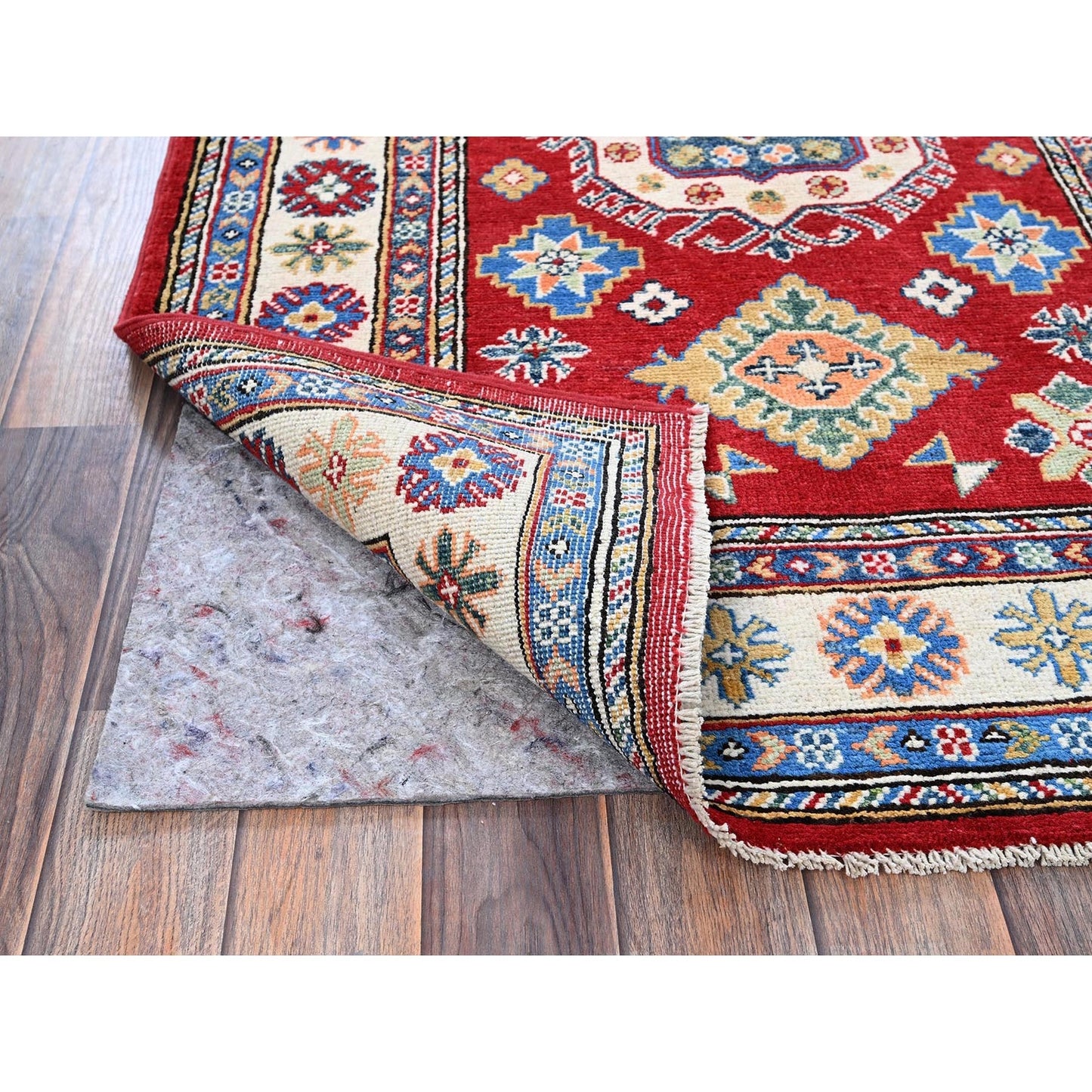 3'3"X4'10" Red Kazak With Geometric Design Hand Knotted Wool Oriental Rug