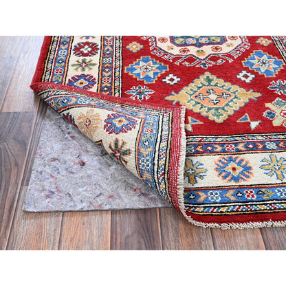 3'3"X4'10" Red Kazak With Geometric Design Hand Knotted Wool Oriental Rug