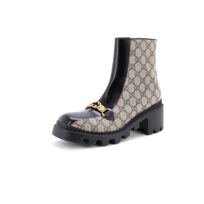 Gucci Women'S Interlocking G Lug Sole Ankle Boots Gg Coated Canvas With Leather