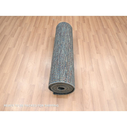 2'7"X12'3" Denim Blue Grass Design Wool And Silk Hand Knotted Runner Rug