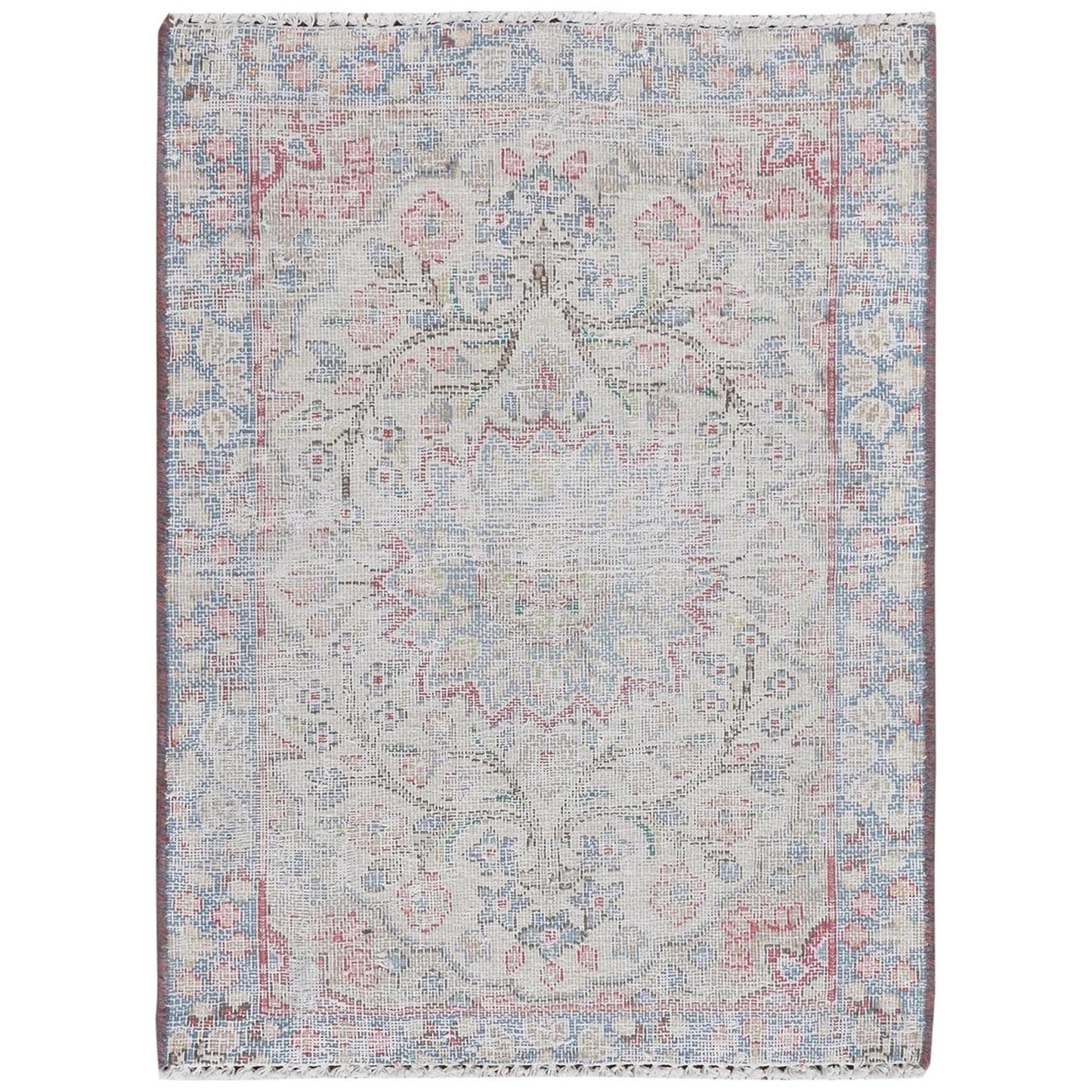 1'10"X2'6" Ivory Vintage Farsian Karman Worn Wool Hand Knotted Mat Rug