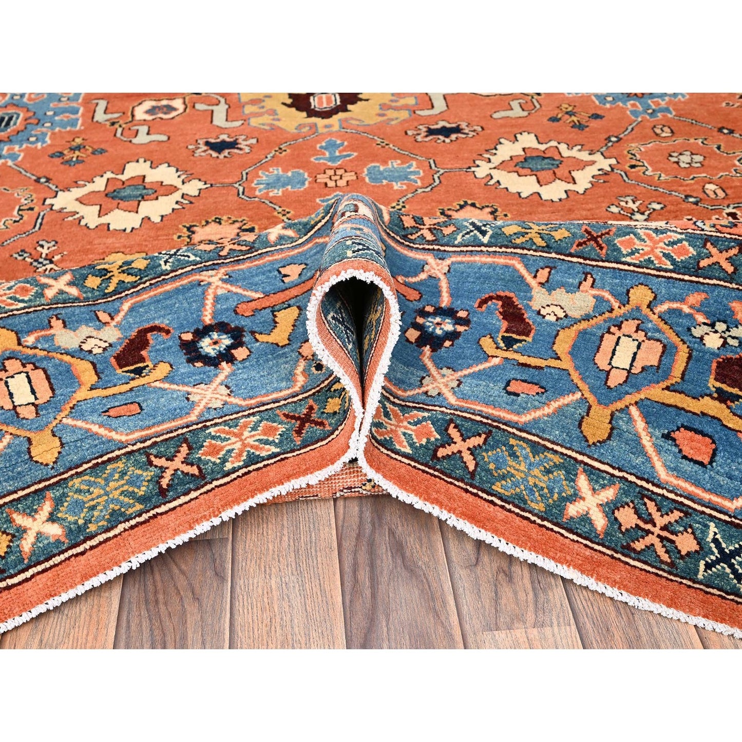 8'2"x9'8" Orange Hand Knotted Rug Peshawar with Heris All Over Design Wool