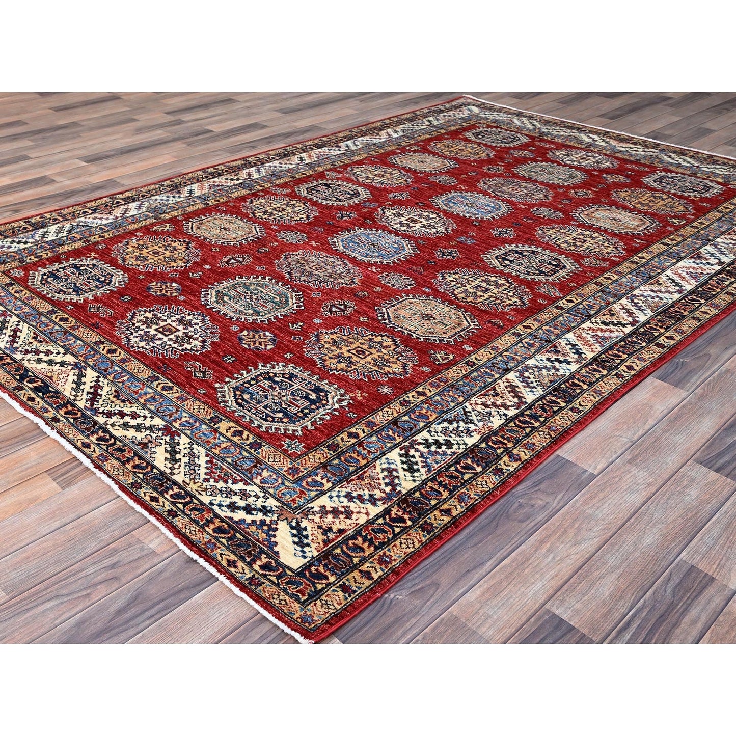 6'1"X8'10" Toreador Red Afghan Hand Knotted Super Kazak Wool Oriental Rug