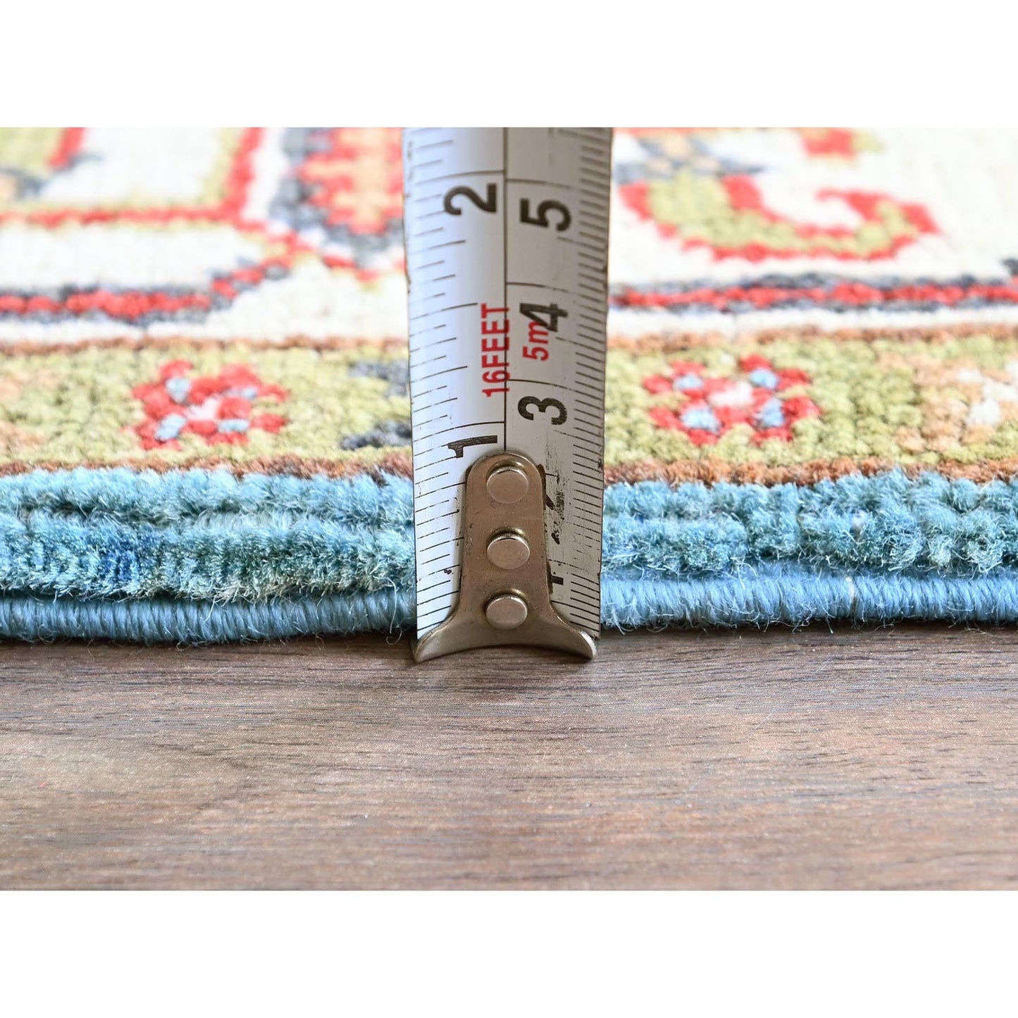 4'X6' Blue Kazak With Geometric Medallion Design Hand Knotted Soft Wool Rug